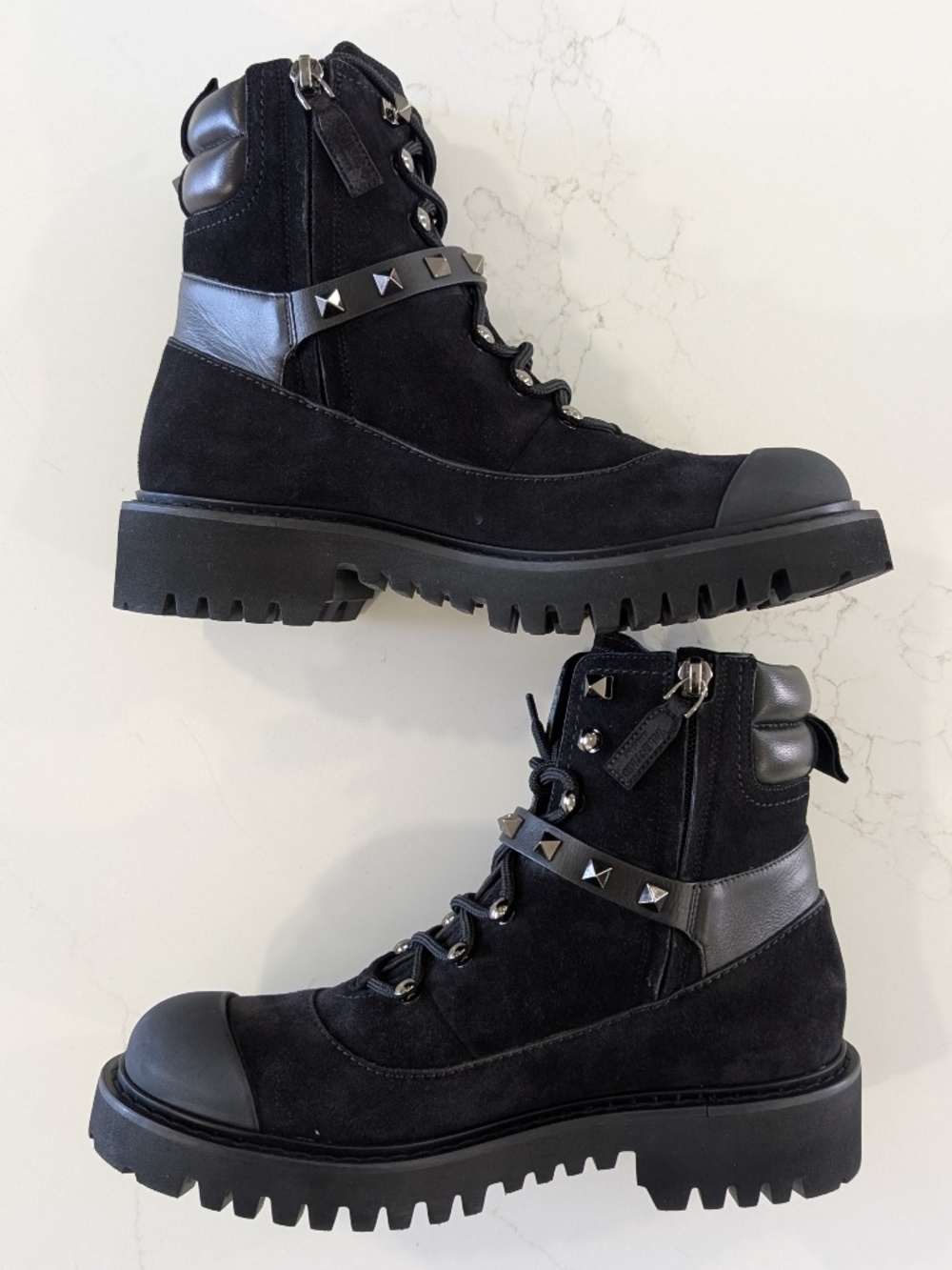 New Valentino Garavani Rockstud Suede Combat Boots Black Cap Toe Size 36.5